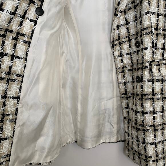 Zara Women Taupe Brown Lapel Collar Longline Textured Plaid Blazer Medium - Picture 9 of 16